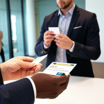 **A person attending a networking event in a modern conference center, exchanging business cards with a diverse group of professionals. The scene is brightly lit with a focus on collaboration and connection.**