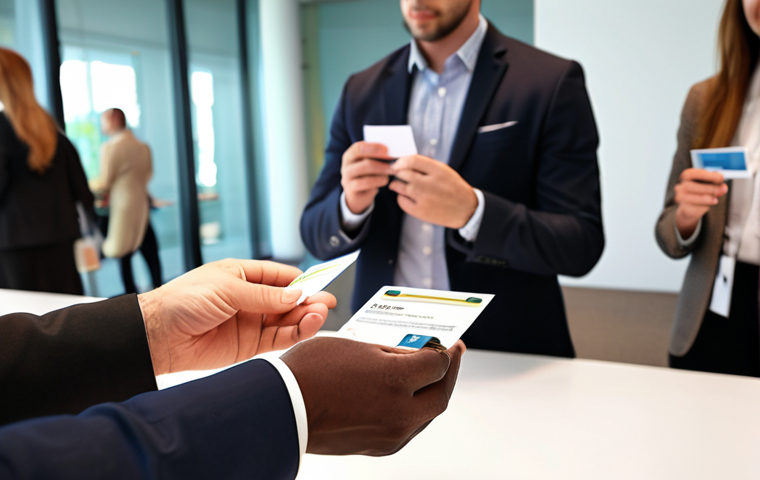 **A person attending a networking event in a modern conference center, exchanging business cards with a diverse group of professionals. The scene is brightly lit with a focus on collaboration and connection.**