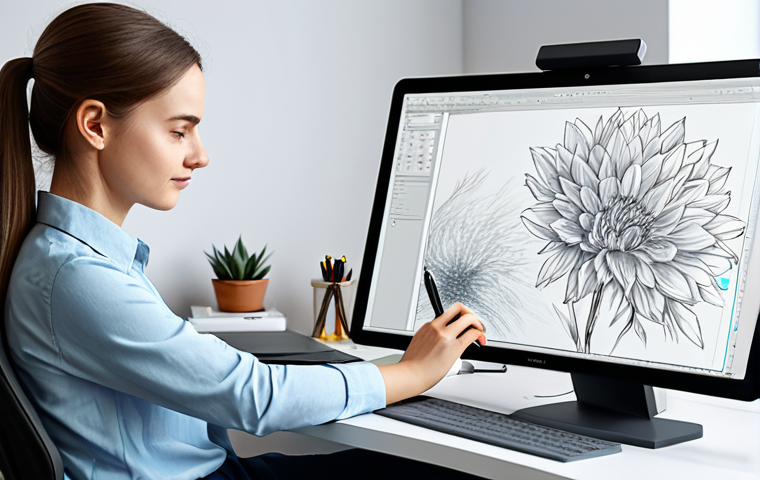 A focused digital artist, wearing a modest, professional blouse and comfortable trousers, sitting ergonomically at a clean, modern desk in a well-lit home studio. They are holding a stylus, gently touching a large digital drawing tablet which displays a vibrant, detailed illustration. In the background, subtle virtual 3D models are visible on a secondary monitor, suggesting the blend of digital art forms. The atmosphere is calm and conducive to creativity. Perfect anatomy, correct proportions, natural pose, well-formed hands, proper finger count, natural body proportions. High-resolution digital art, professional photography, high quality, fully clothed, appropriate attire, safe for work, professional dress, family-friendly content.