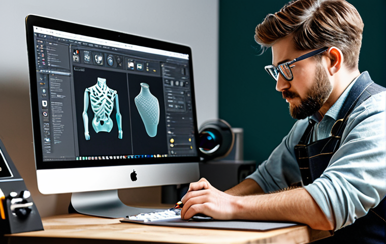 **
A modern artisan workshop. A craftsman is using a 3D modeling software on a computer, designing a custom piece of jewelry. In the background, a 3D printer is running. The scene is well-lit and organized, showcasing the blend of traditional skills and digital tools. fully clothed, appropriate attire, safe for work, perfect anatomy, natural proportions, professional setting, high quality, modest.
**