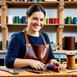 Home 9 **
"A smiling artisan woman in a brightly lit workshop in Tuscany, Italy, fully clothed in modest work attire, crafting a leather handbag. Shelves display colorful spools of thread and tools. Natural light streams in, highlighting the detail in the leather. Professional, family-friendly, safe for work, appropriate content, perfect anatomy, correct proportions, well-formed hands, proper finger count, natural body proportions, high quality, professional photography."
**