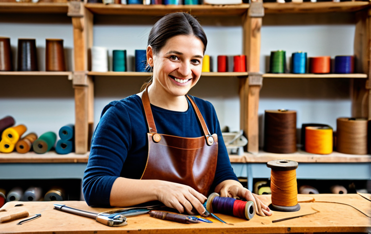 **
"A smiling artisan woman in a brightly lit workshop in Tuscany, Italy, fully clothed in modest work attire, crafting a leather handbag. Shelves display colorful spools of thread and tools. Natural light streams in, highlighting the detail in the leather. Professional, family-friendly, safe for work, appropriate content, perfect anatomy, correct proportions, well-formed hands, proper finger count, natural body proportions, high quality, professional photography."
**