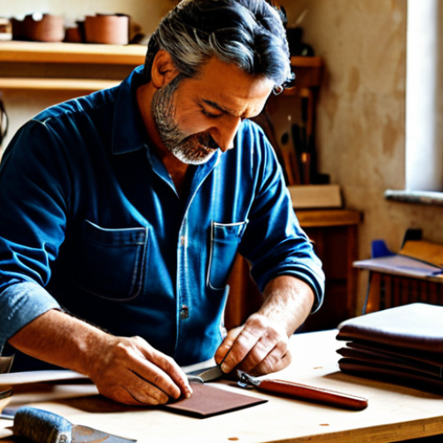 Home 20 Artisan at Work**
"A skilled Italian artisan, fully clothed in appropriate workshop attire, meticulously crafting a leather bag in a bright and organized studio. Focus on the artisan's hands and the quality materials. Background includes tools, finished products, and Italian design magazines. Safe for work, professional, modest, perfect anatomy, natural lighting, high resolution, family-friendly, showcasing Italian craftsmanship."
**