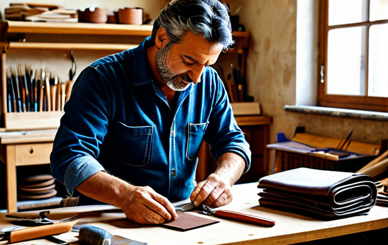 Artisan at Work**
"A skilled Italian artisan, fully clothed in appropriate workshop attire, meticulously crafting a leather bag in a bright and organized studio. Focus on the artisan's hands and the quality materials. Background includes tools, finished products, and Italian design magazines. Safe for work, professional, modest, perfect anatomy, natural lighting, high resolution, family-friendly, showcasing Italian craftsmanship."
**