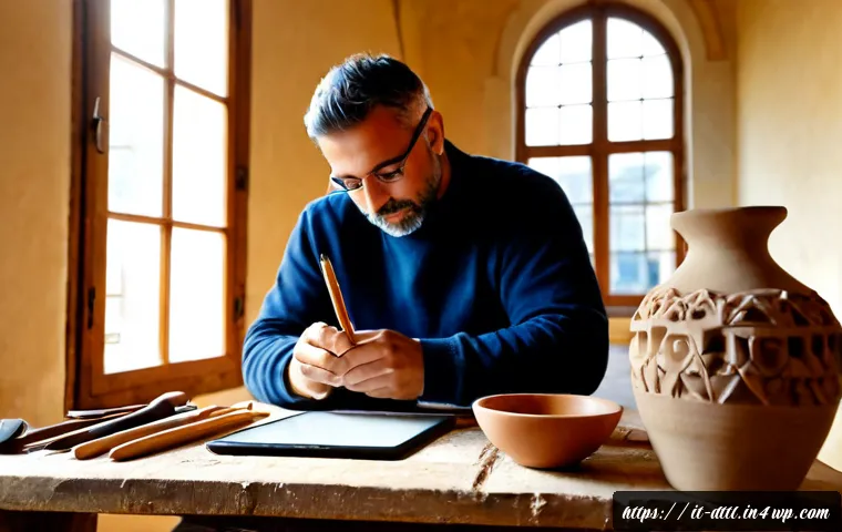 디지털 장인 문화와 개인적 가치관 - Photorealistic Italian digital artisan in a bright Florence-style studio, carefully refining a handm...